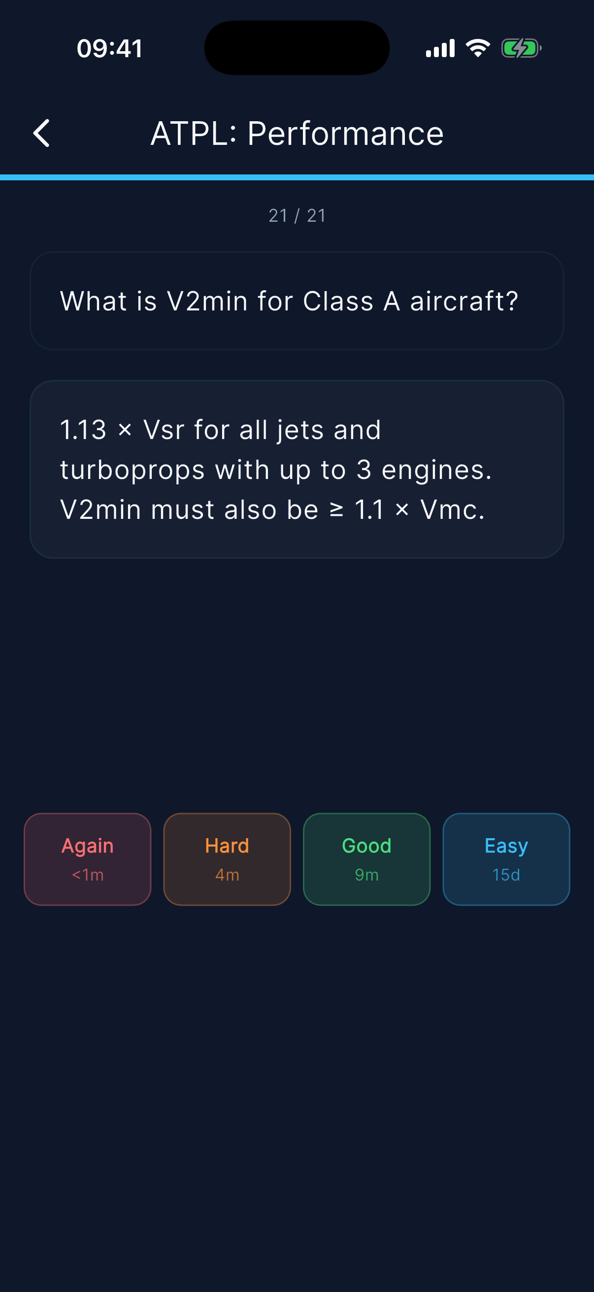 ATPL Performance flashcard with spaced repetition ratings